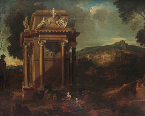 Неизвестный художник (римская школа). Аркадский пейзаж с классическими руинами